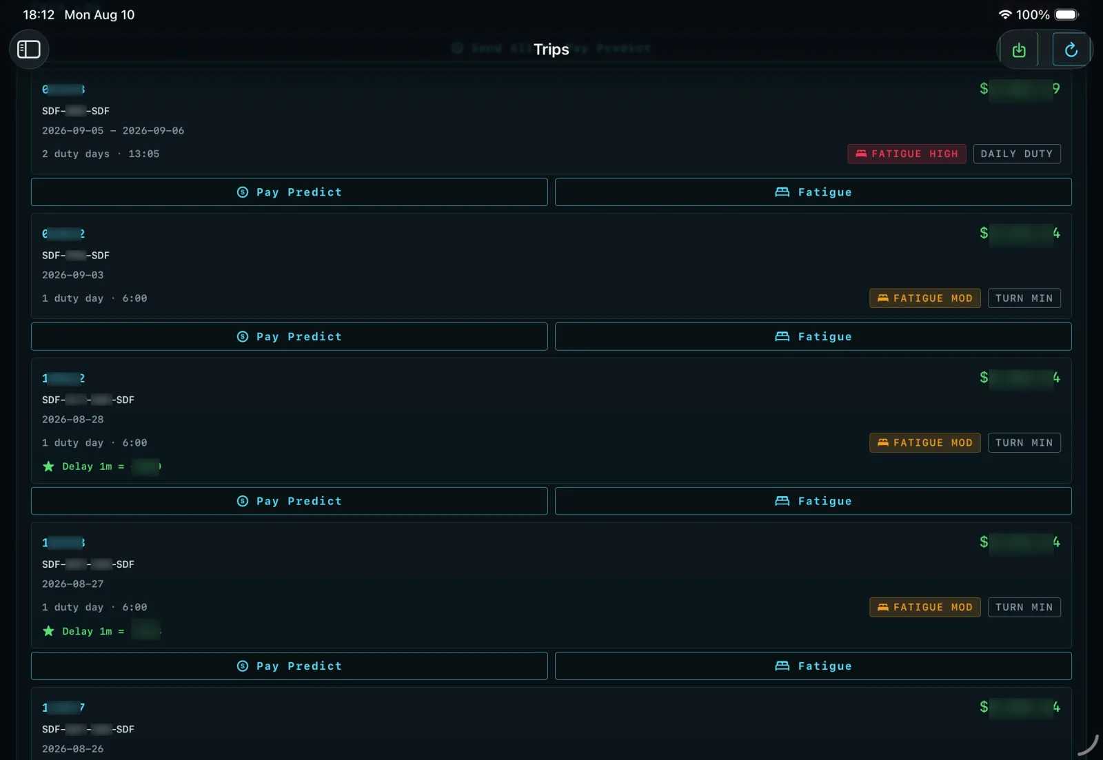 CrewCalc Trips list: saved pairings with routing, duty days and what each one pays, flagged by fatigue level